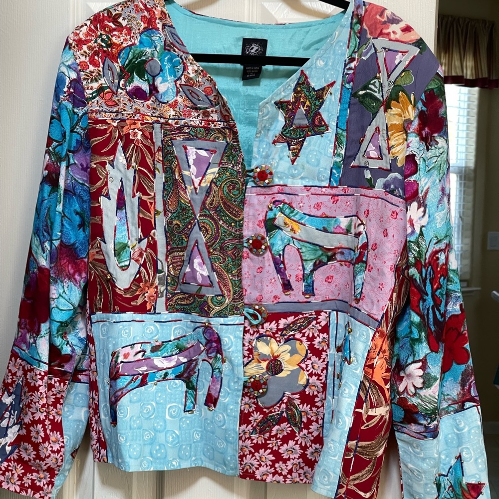 Vintage Women’s Jacket Elephant Flower Beads Patchwork Shirt Blouse Sz XL Kar-ma